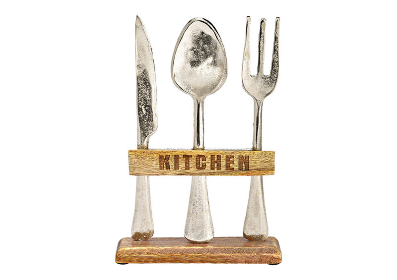Aufsteller Messer, Löffel, Gabel Kitchen aus Metall, Mangoholz silber (B/H/T) 17x26x5cm