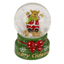 Schneekugel, Weihnachtsfigur, auf rotem & grünem