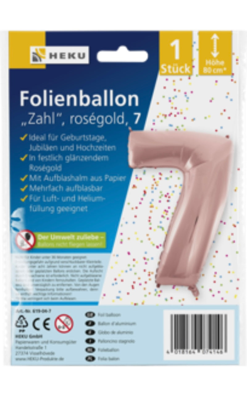 Folienballon "Zahl", Höhe 80cm, roségold, mit Aufblashalm, 7
