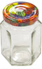 Sechseckglas mit Deckel, 116ml, Obstdekor