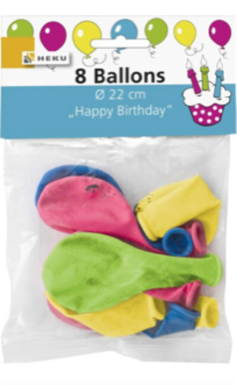 8 Ballons mit Motiv, Ø 22cm, bunt sortiert, Happy Birthday