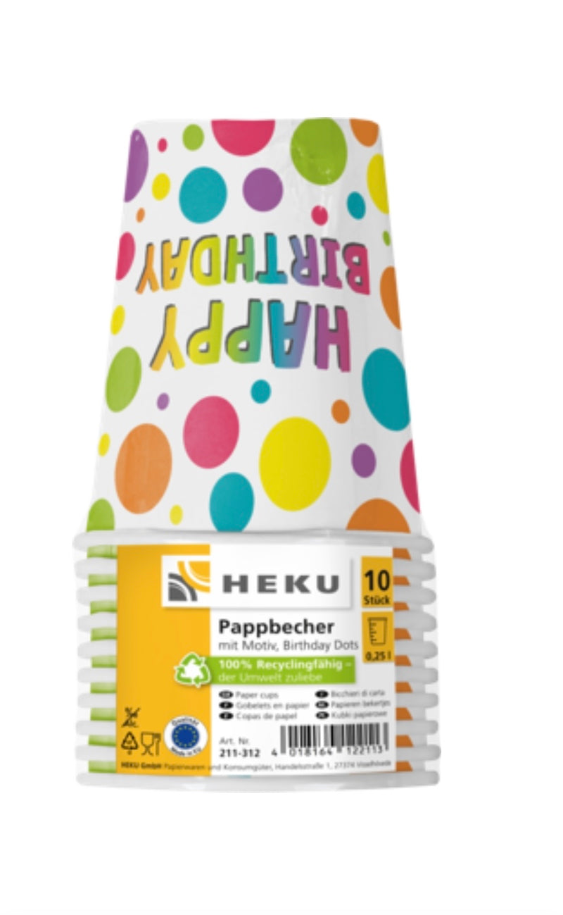 10 Pappbecher mit Motiv, 0,25l, Birthday Dots