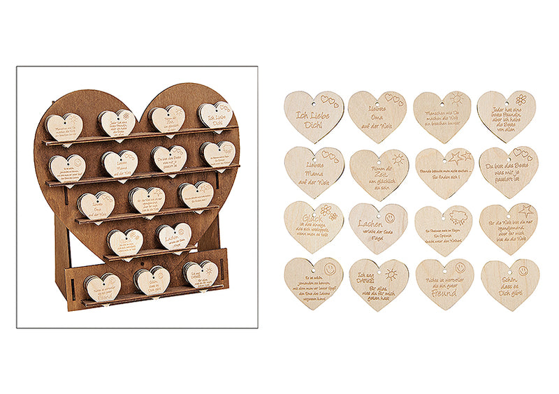 Herzdisplay mit Herzen, aus Holz, 16-fach sortiert, B24 x T10 x H24 cm / B4 x H4 cm