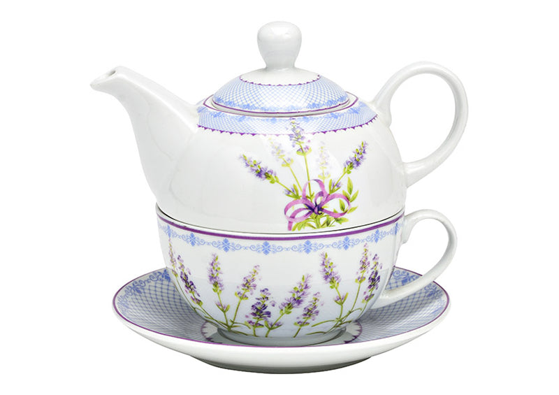 Teekannen-Set Lavendeldekoration aus Porzellan, 3-teilig
