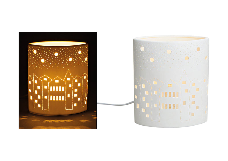 Tischlampe Häuser-Dekoration aus Porzellan, B16 x T10  x H20 cm ohne Leuchtmittel