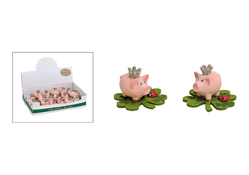 Schweinchen mit Krone auf Filzkleeblatt zum kleben aus Poly Pink/Rosa (B/H/T) 5x4x5cm
