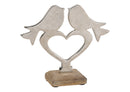 Aufsteller Vogel auf Herz aus Metall auf Mangoholz Sockel Silber, braun (B/H/T) 19x17x6cm