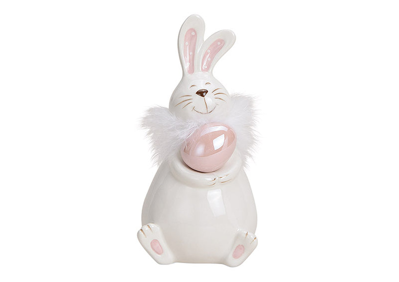 Hase mit Ei  aus Keramik Weiß , rosa (B/H/T) 7x14x7cm