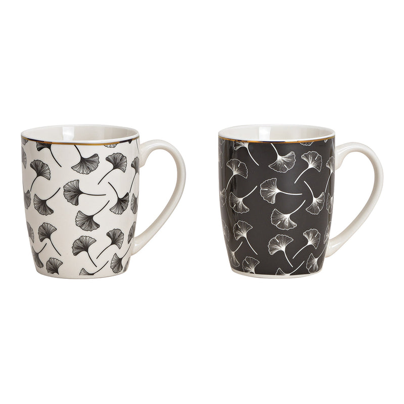 Becher Ginkgo Blatt Dekor aus Porzellan Schwarz, weiﬂ mit gold 2-fach, (B/H/T) 12x10x8cm 300ml