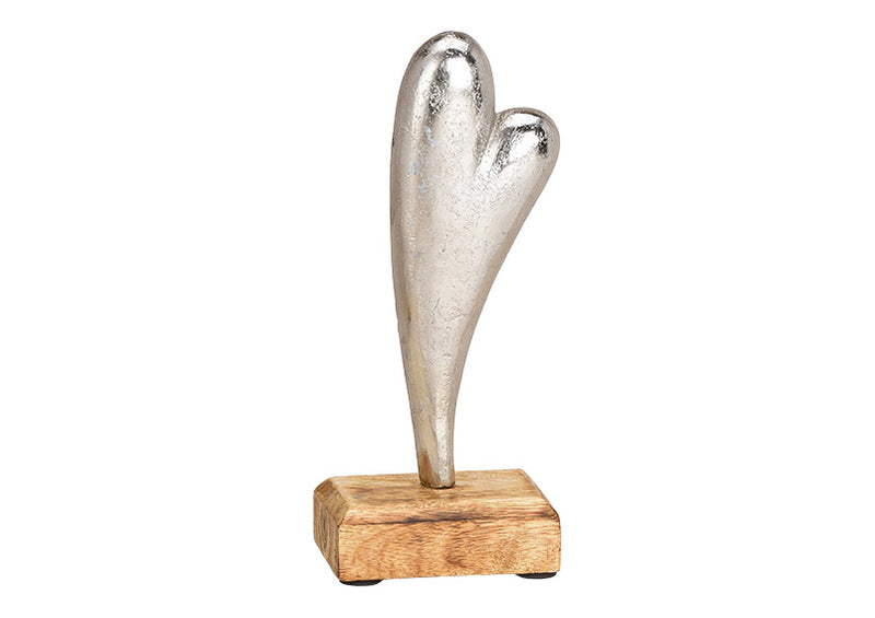 Aufsteller Herz aus Metall auf Mangoholz Sockel Silber (B/H/T) 8x18x5cm