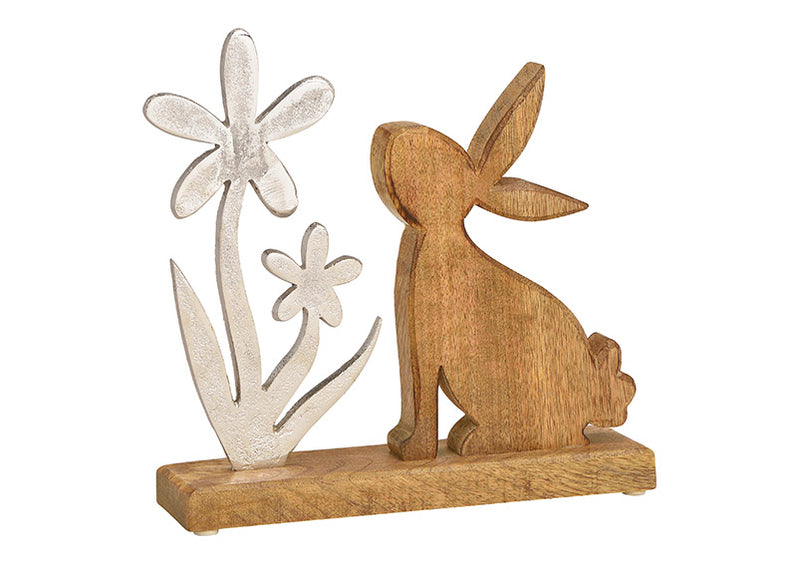 Aufsteller Hase mit Blume aus Holz, Metall Braun, Silber (B/H/T) 25x25x6cm