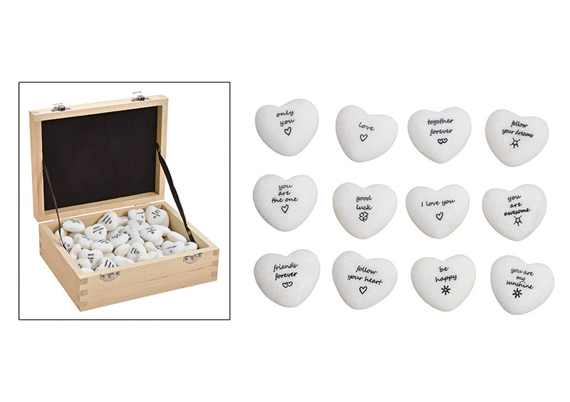 Herz mit Sprüche aus Marmor Weiß 6-fach, (B/H/T) 3x3x1,5cm 72 Stk. in Holzbox