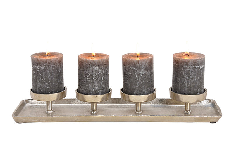 Adventsgesteck, Kerzenhalter für 4er  Kerzen aus Metall Silber (B/H/T) 44x6x12cm