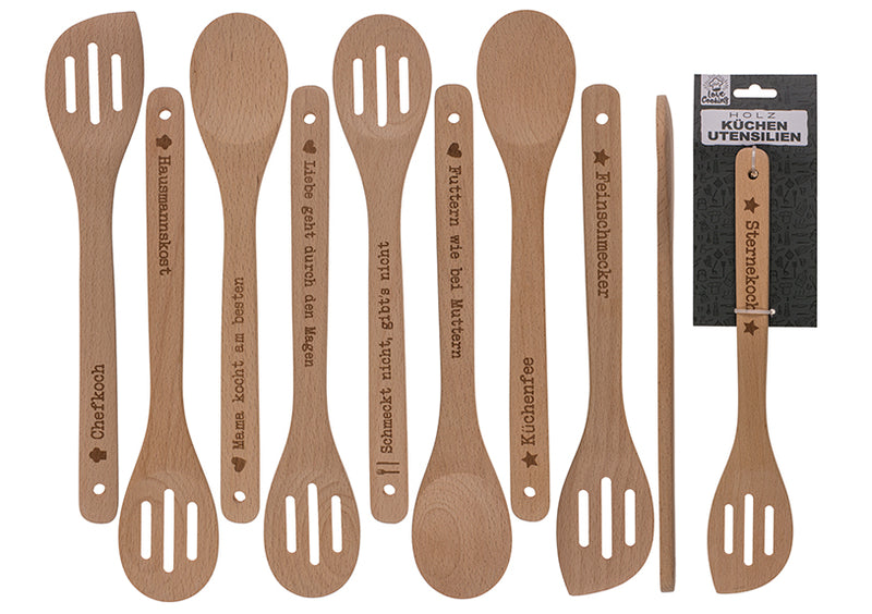 Küchenutensilien Slogans ca 30cm, 3 Formen aus Holz Natur 9-fach