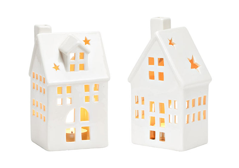 Windlicht Haus aus Porzellan, Weiß, 2er-Set, (B/H/T) 8x16x7 cm