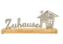 Aufsteller Schriftzug, Zuhause, Haus Dekor auf Mangoholz Sockel, aus Metall silber (B/H/T) 31x12x5cm