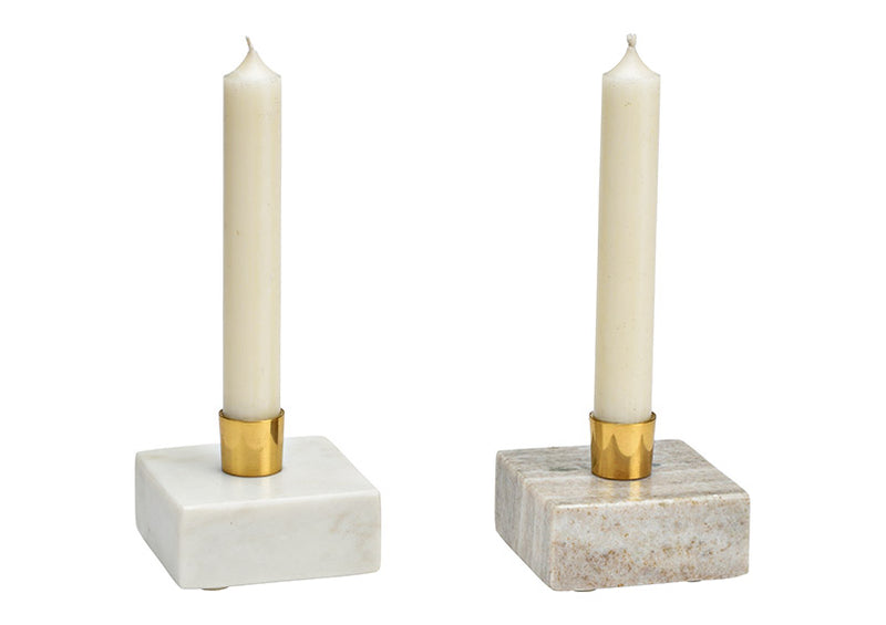 Kerzenhalter aus Marmor, Metall beige, weiß 2-fach, (B/H/T) 7x5x7cm