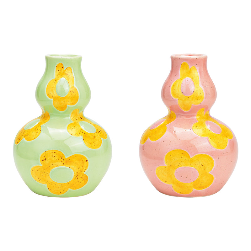Vase mit Blumen Dekor aus Keramik grün, rosa 2-fach, (B/H/T) 15x21x15cm