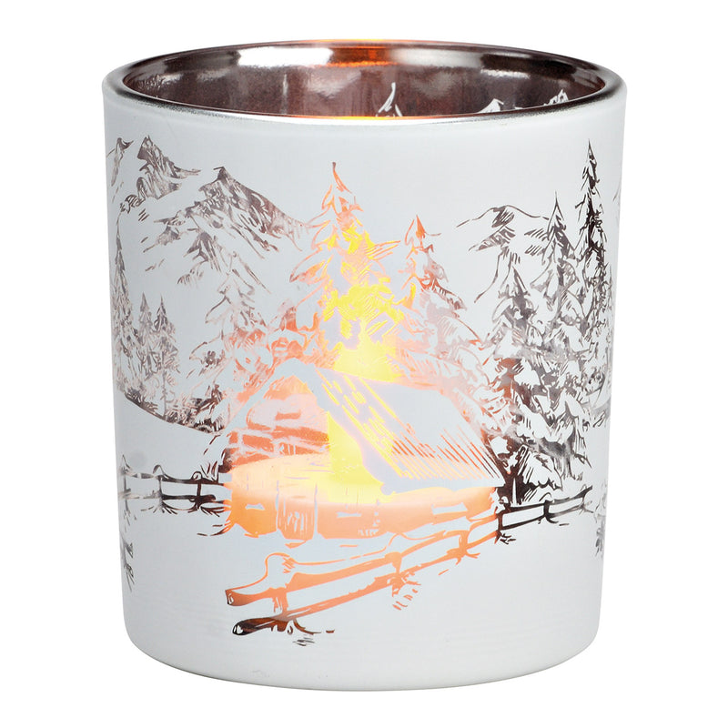 Windlicht Teelichthalter Winterwald aus Glas weiß (B/H/T) 7x8x7cm