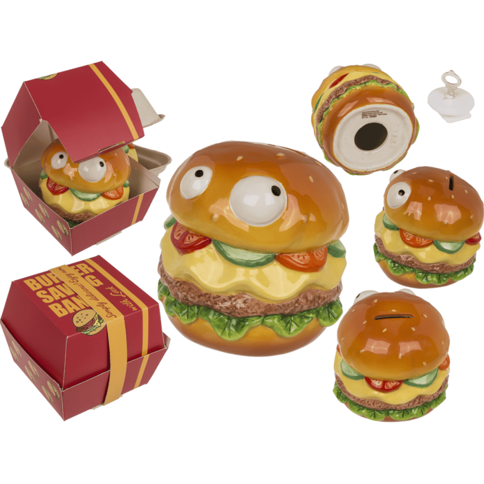 Spardose mit Schloss, Burger mit Augen in Box,