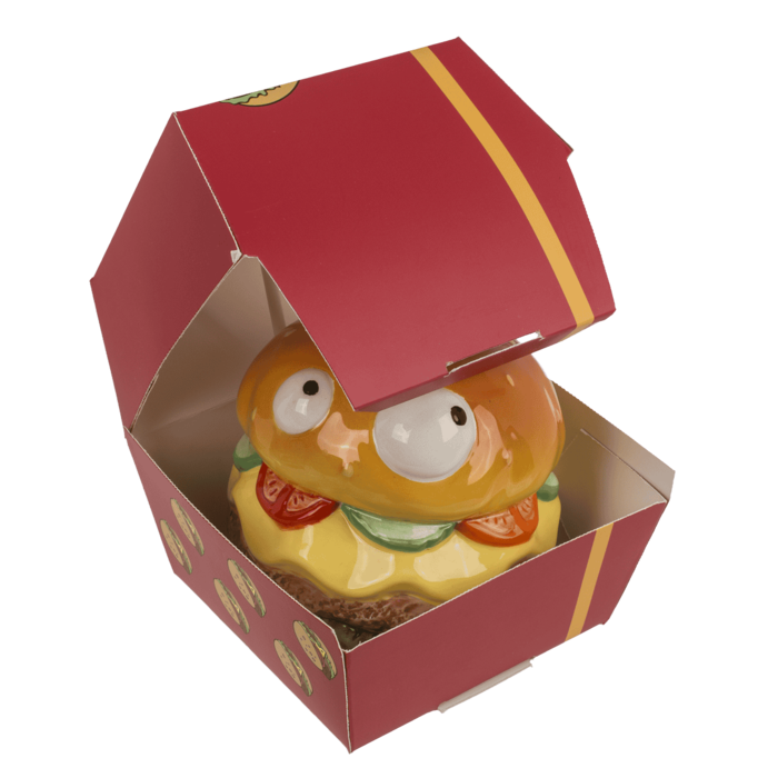 Spardose mit Schloss, Burger mit Augen in Box,