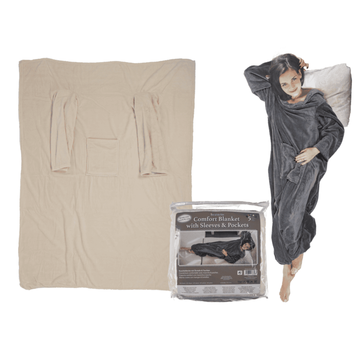 Beigefarbene Kuscheldecke mit Ärmeln & Taschen,
