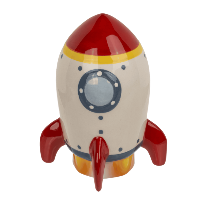 Spardose, Rakete, 12,5 x 7 cm, aus Steingut,