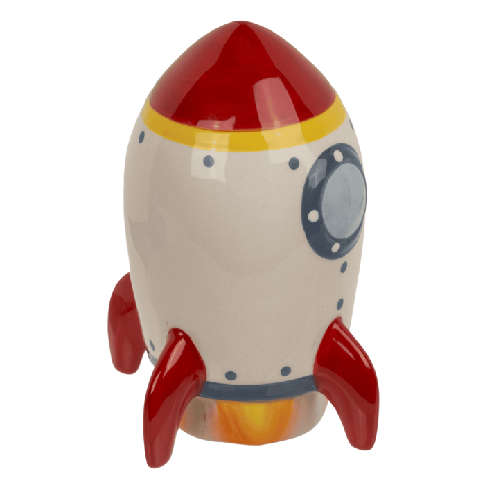 Spardose, Rakete, 12,5 x 7 cm, aus Steingut,