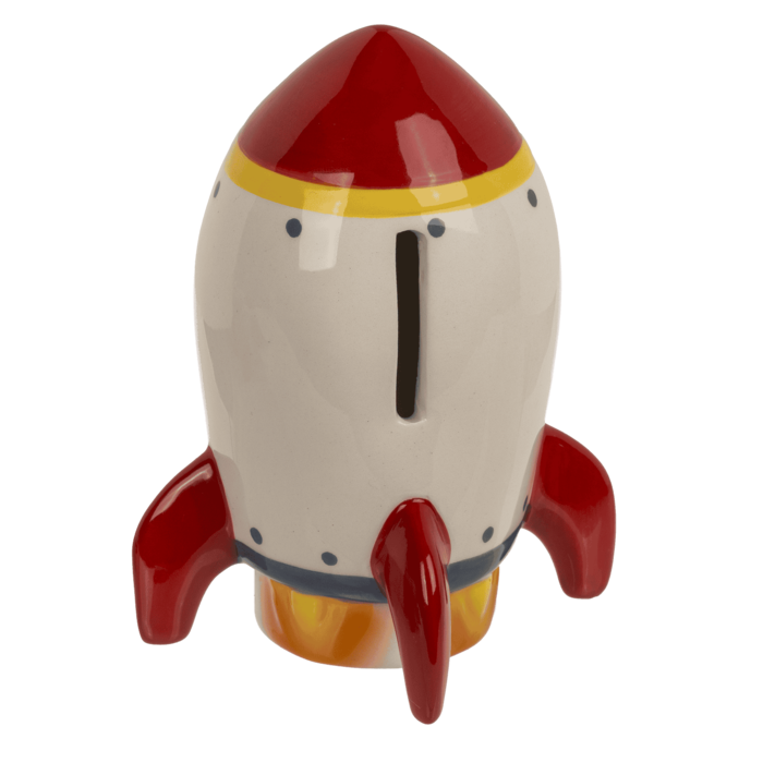 Spardose, Rakete, 12,5 x 7 cm, aus Steingut,