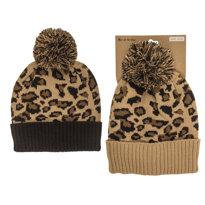 Winter-Mütze mit Kunstfell-Bommel, Leopard,