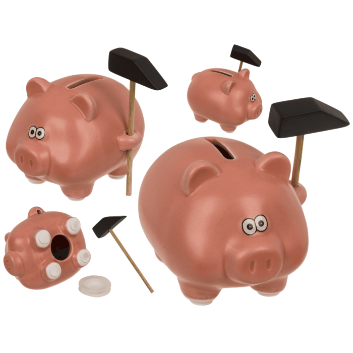 Spardose, Comic Schwein mit Hammer, 11 x 9 cm,