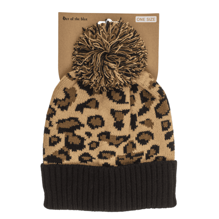 Winter-Mütze mit Kunstfell-Bommel, Leopard,