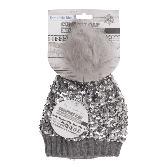 Kuschel-Mütze mit Kunstfell-Bommel & Pailletten,