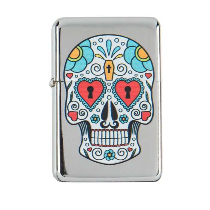 Benzin-Feuerzeug, Coloured Skull, 6-fach sortiert,