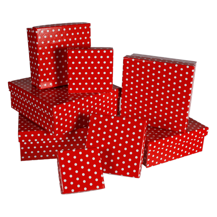 Rote Geschenkkartonage mit weißen Punkten,