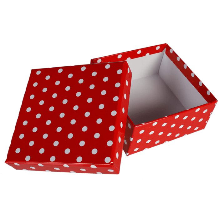 Rote Geschenkkartonage mit weißen Punkten,