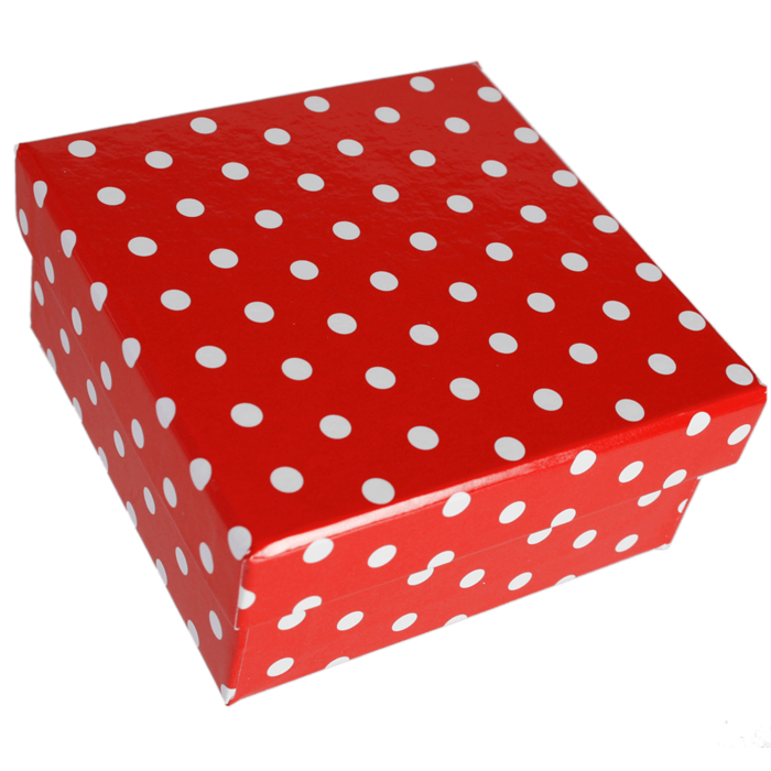 Rote Geschenkkartonage mit weißen Punkten,
