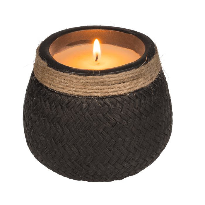 Kerze im Zementtopf mit Jute-Dekoration,