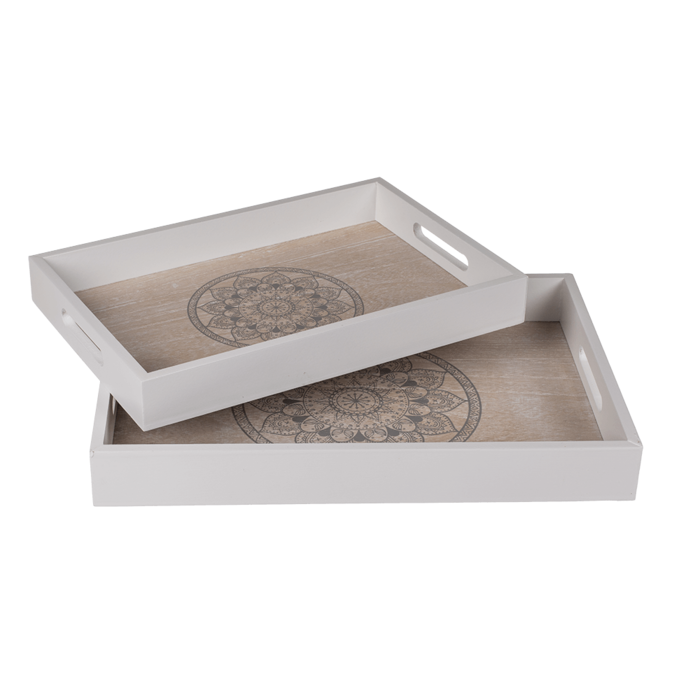 Weiß/naturfarbenes Holz-Tablett, Mandala,