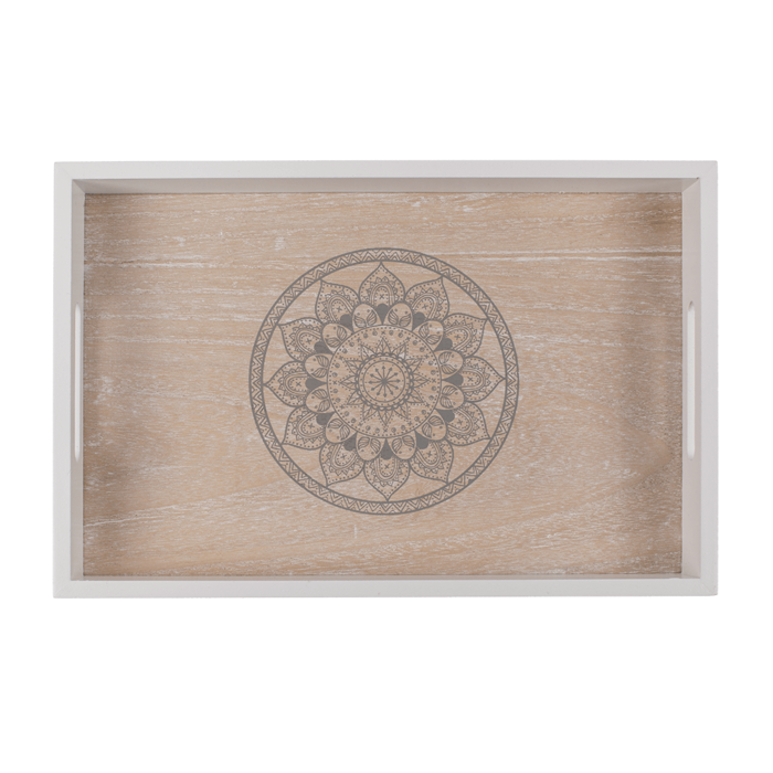 Weiß/naturfarbenes Holz-Tablett, Mandala,