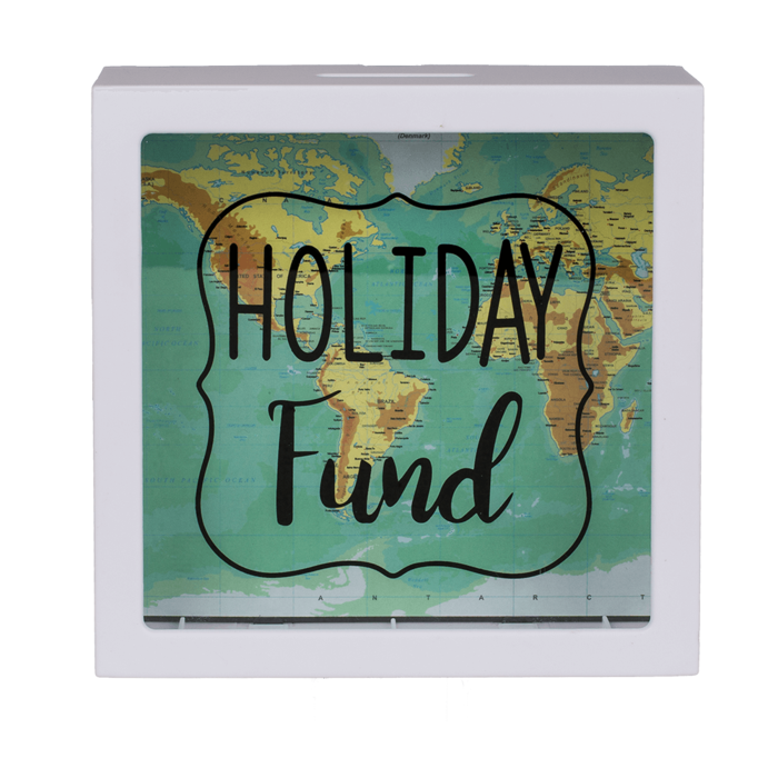 Weiße Spardose, Holiday Fund, Weltkarten-Design,