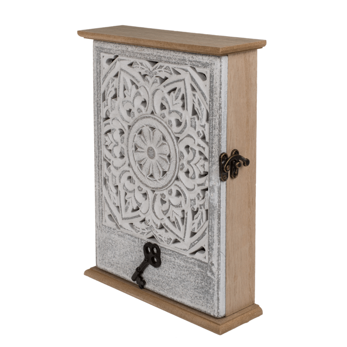 Holz-Schlüsselkasten mit Tür & weißem Blumendekor,
