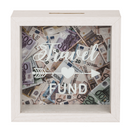 Weiße Holz-Spardose, Travel Fund, ca. 15 x 15 cm