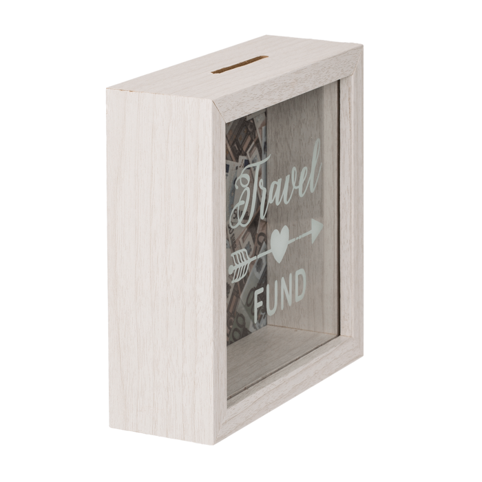 Weiße Holz-Spardose, Travel Fund, ca. 15 x 15 cm
