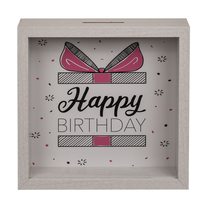 Holz-Spardose, Happy Birthday, im Rahmen,