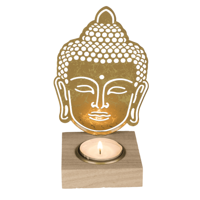 Goldener Metall-Teelichthalter mit Holzfuss,