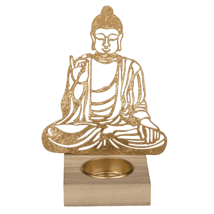 Goldener Metall-Teelichthalter mit Holzfuss,