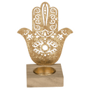 Goldener Metall-Teelichthalter mit Holzfuss,