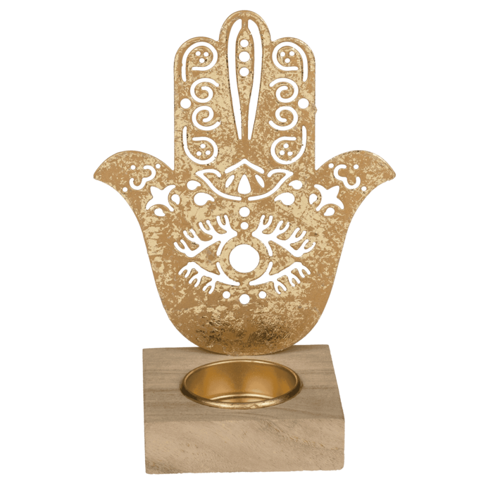 Goldener Metall-Teelichthalter mit Holzfuss,