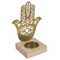 Goldener Metall-Teelichthalter mit Holzfuss,